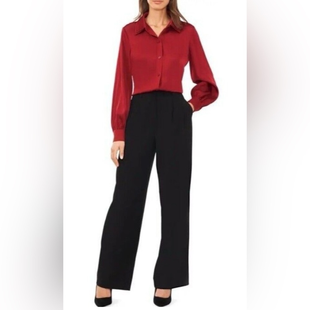 HALOGEN Satin Deep Red Botton Up Dress Shirt Double Collar Long Sleeve Women M